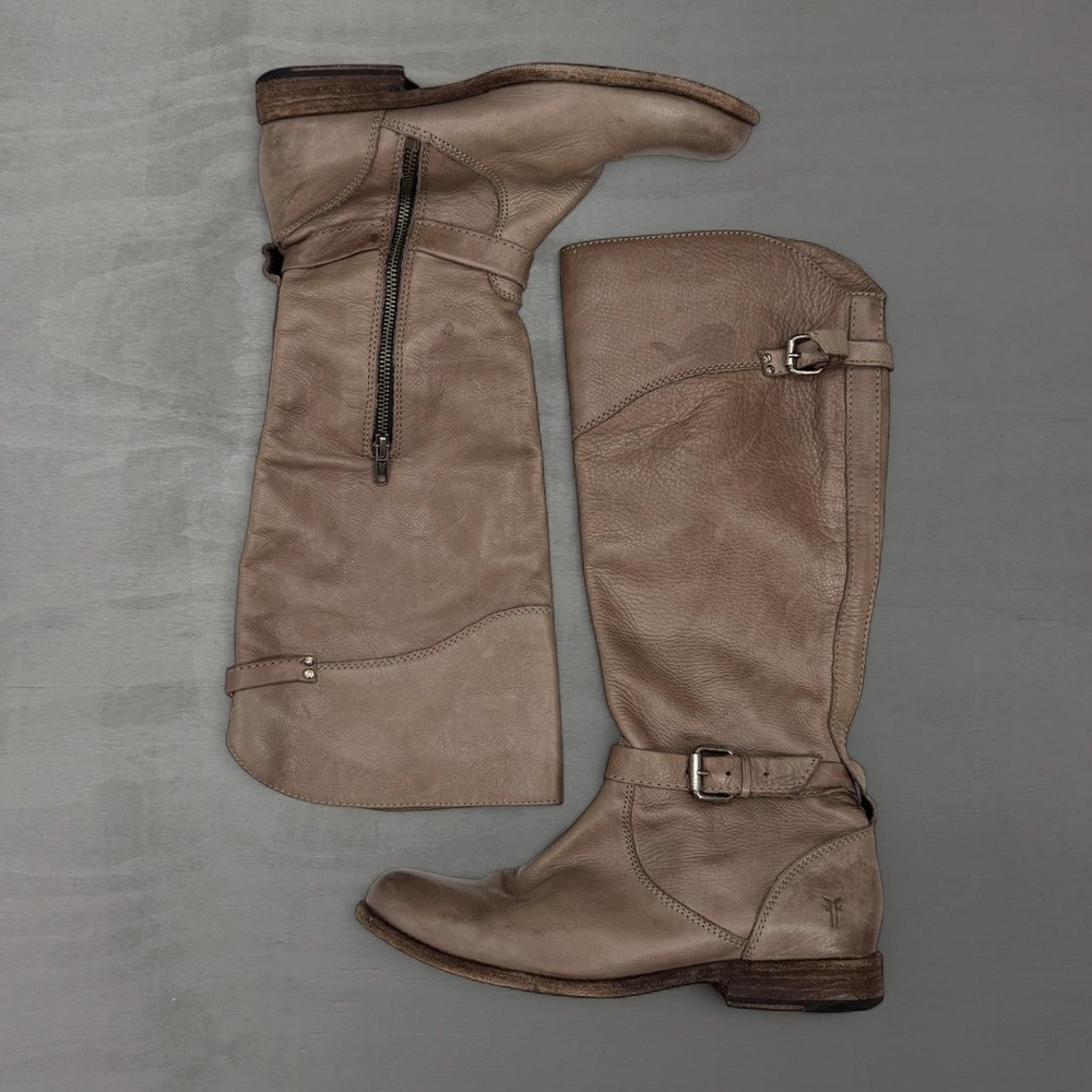 Frye Veronica Slouch Button Back Zip Tall Riding Boots Taupe Leather 10B
